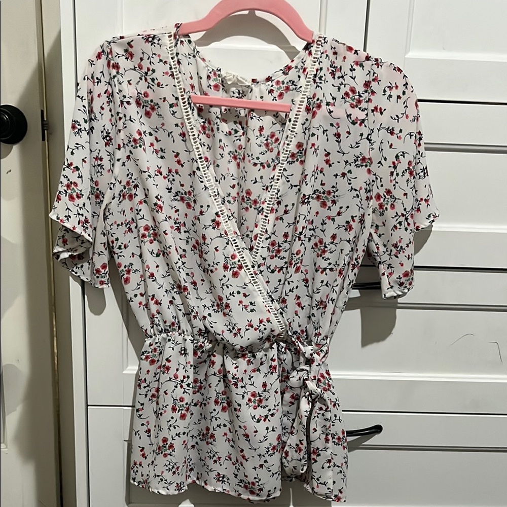 Sienna Sky White and Pink Puff Sleeve Wrap Blouse